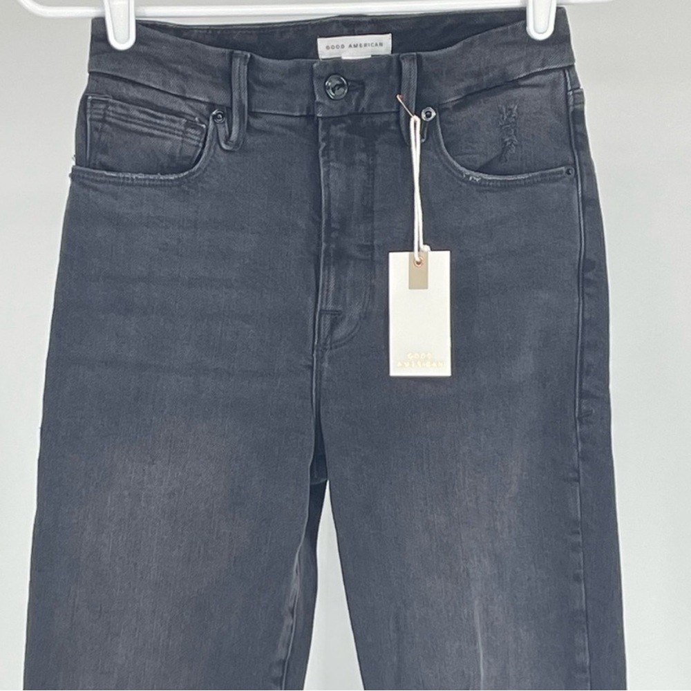 GOOD AMERICAN NWT GOOD CLASSIC RIPPED HIGH WAIST STRAIGHT LEG JEANS BLACK 206 24 - Picture 6 of 11